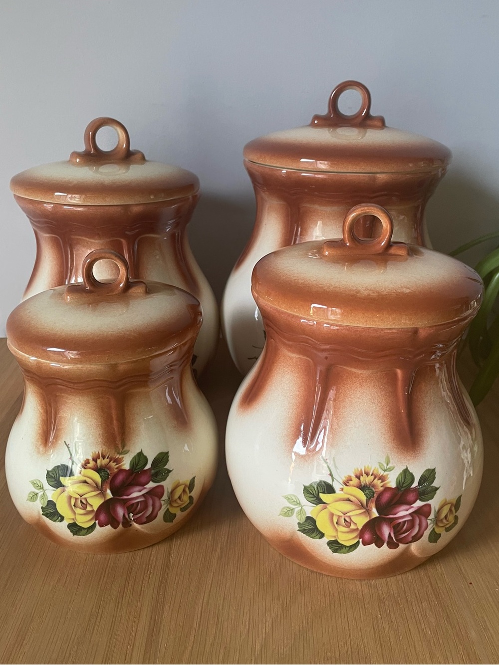 Vintage 1970s Arnel’s Ceramic Floral Canister Set Brown and Cream